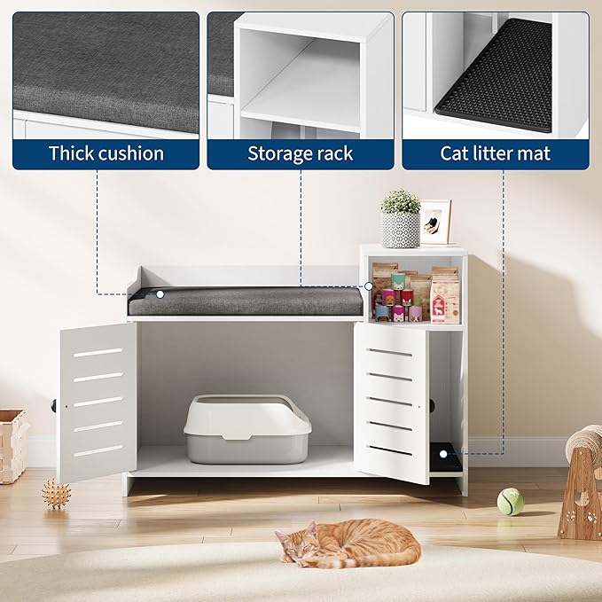 Cat Litter Box Enclosures, Large Hidden Cat Litter Box Furniture with Double Door, Wooden End Table Litter Box Cabinet with Storage Shelf, Cushion & Litter Mat, Dog Proof Design, Modern Cat House