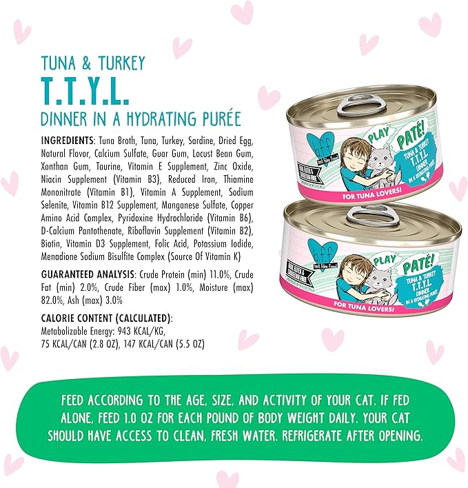 Weruva B.F.F. Play - Best Feline Friend Paté Lovers, Aw Yeah!, Tuna & Turkey T.T.Y.L. with Tuna & Turkey, 2.8oz Can (Pack of 12)