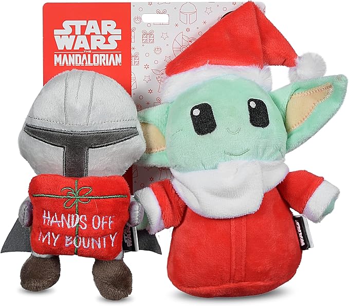 STAR WARS for Pets 6" Holiday 2Pc Set The Mandalorian w/Present & GROGU Santa Plush Set - 2pc | The Mandalorian Holiday Pet Products GROGU | The Child Squeaky Pet Toy Fans (FF24683)