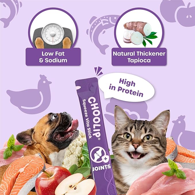 Choolip Squeeze Vita Stick Joint Support Lickable Cat and Dog Treats – 49-Count Chicken & Salmon Sticks with MSM and Vitamin E – Box with 7 Pouches, Vet-Formulated for Joint Health