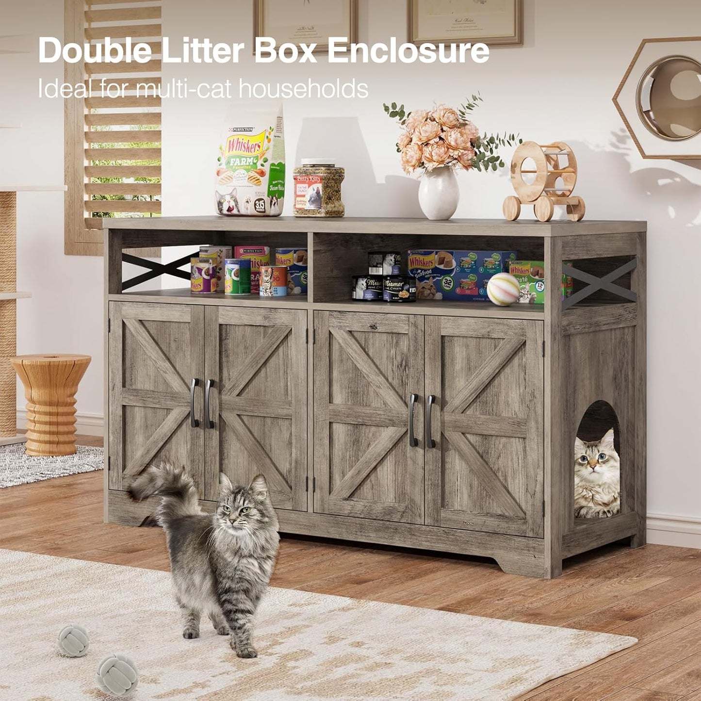 Cat Litter Box Enclosure for 2 Cats, 47" Hidden Litter Box Furniture Cat Washroom with Double Large Room, Farmhouse Indoor Litter Box Cabinet TV Stand, Grey