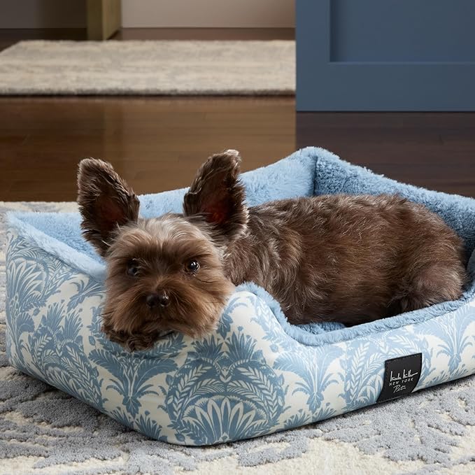 Nicole Miller New York PET Mod Damask Plushy Bolster Pet Bed, Cozy & Calming, Non-Slip Bottom, Machine Washable Cover, Blue, Small 24"x19"x7"