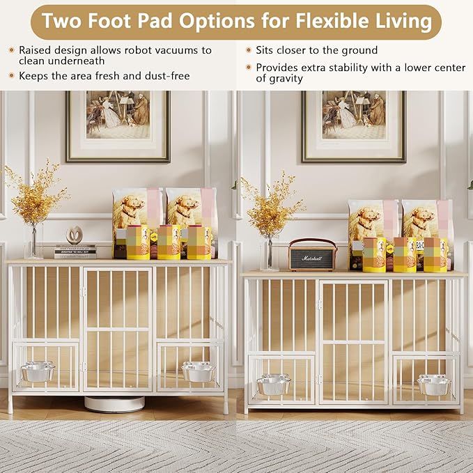 Hadulcet Foldable Dog Crate Furniture, 41'' No Assembly Indoor Dog Kennel with Storage Top, Wooden Dog Crate Table for Small to Medium Dogs, Furniture Style Dog Cage with 2 Bowls Oak