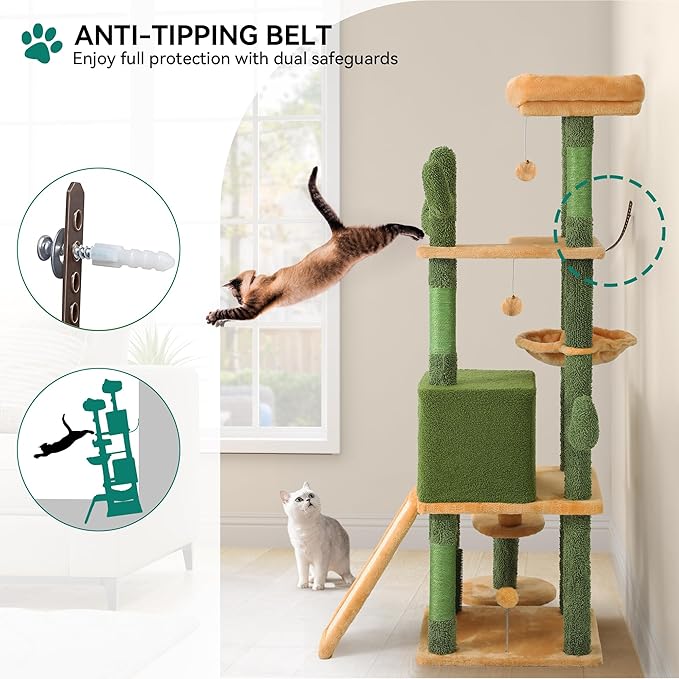 YITAHOME Tall Cactus Cat Tree Tower with Self-Grooming Brush, 60in Cute Cat Climbing Tower for Indoor Cats with Cat Condo, Top Perch, Basktet, Sisal Scratching Posts and Board, Dangling,Ball