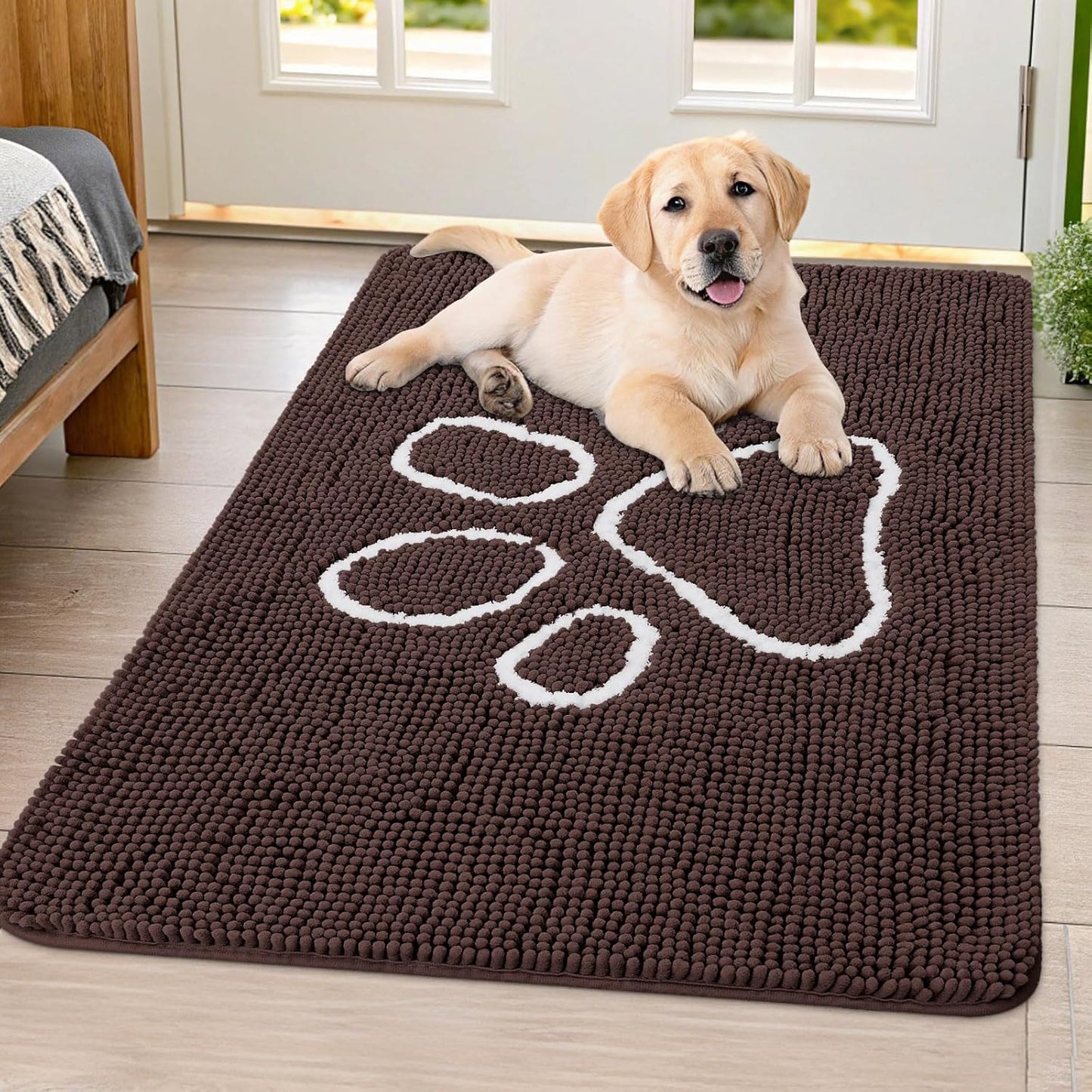Smiry Dog Door Mat for Muddy Paws, Absorbent Dirt Trapper Non Slip Quick Dry Washable Chenille Mat for Mud Dogs, Entry Rug for Indoor and Outdoor (40x32 Inches, Brown and White)