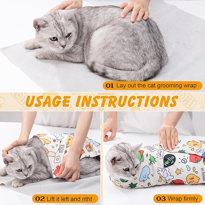 ondware 27.6In Self-Adhesive Cat Grooming Wrap, Anti-Escape Cat Restraint for Nail Clipping, Cat Swaddle Wrapping Cloth for Pet Cleaning & Beauty, for Cats up to 15lbs, Cat Gifts