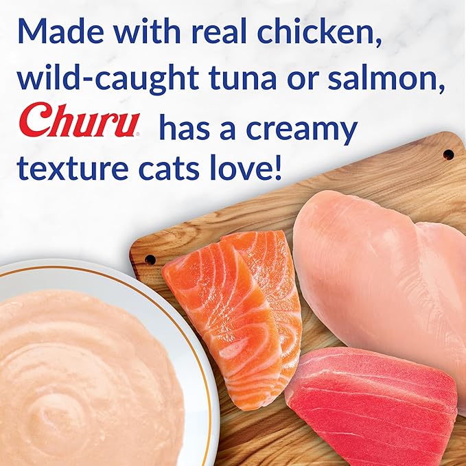 INABA Churu Cat Treats, Lickable, Squeezable Creamy Purée Cat Treat with Green Tea Extract & Taurine, 0.5 Ounces Each Tube, 50 Tubes, Tuna & Seafood Variety