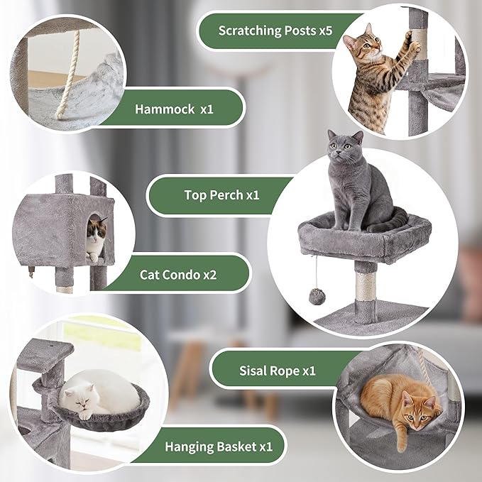 Cat Tree for Indoor Cats, 66 Inches Cat Tower with Scratching Post, Multi-Level Climbing Tree Cat House Padded Plush Perch, Cat Condo Activity Center with Pompoms, Kittens Pet Play House, Beige