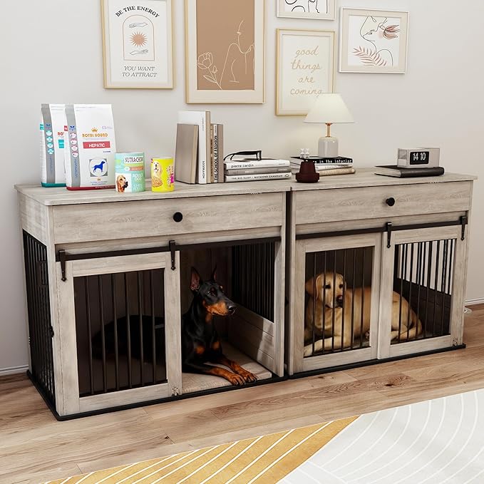 Large Dog Crate Furniture with Sliding Door & 360° Spinning Bowls | Durable Modern End Table for Medium & Large Dogs for Pet Owners (40-inch)