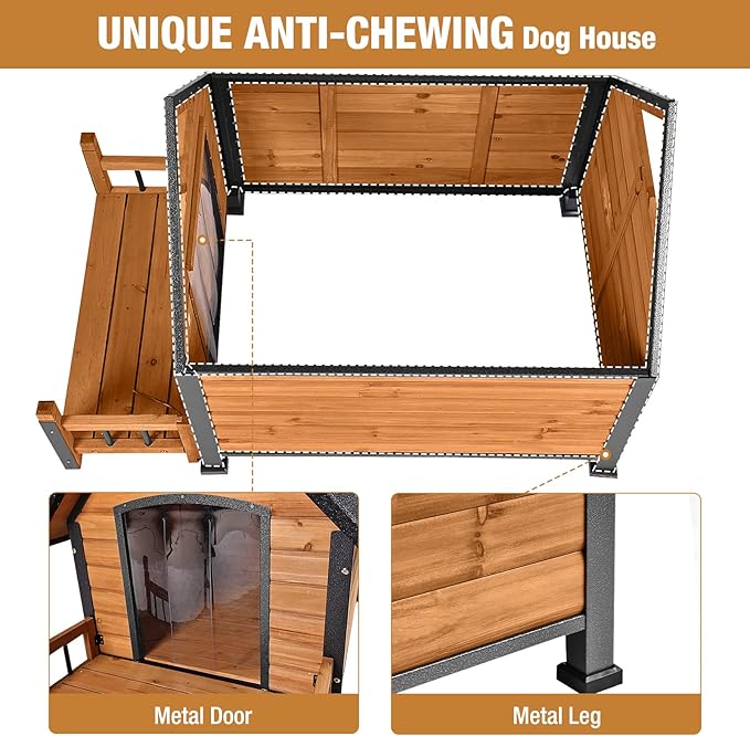 Dog House with Anti-Bite Metal Iron Frame Outdoor Wooden Dog Kennel Indoor Puppy Shelter for Small Medium Large Dogs Weatherproof(Brown)
