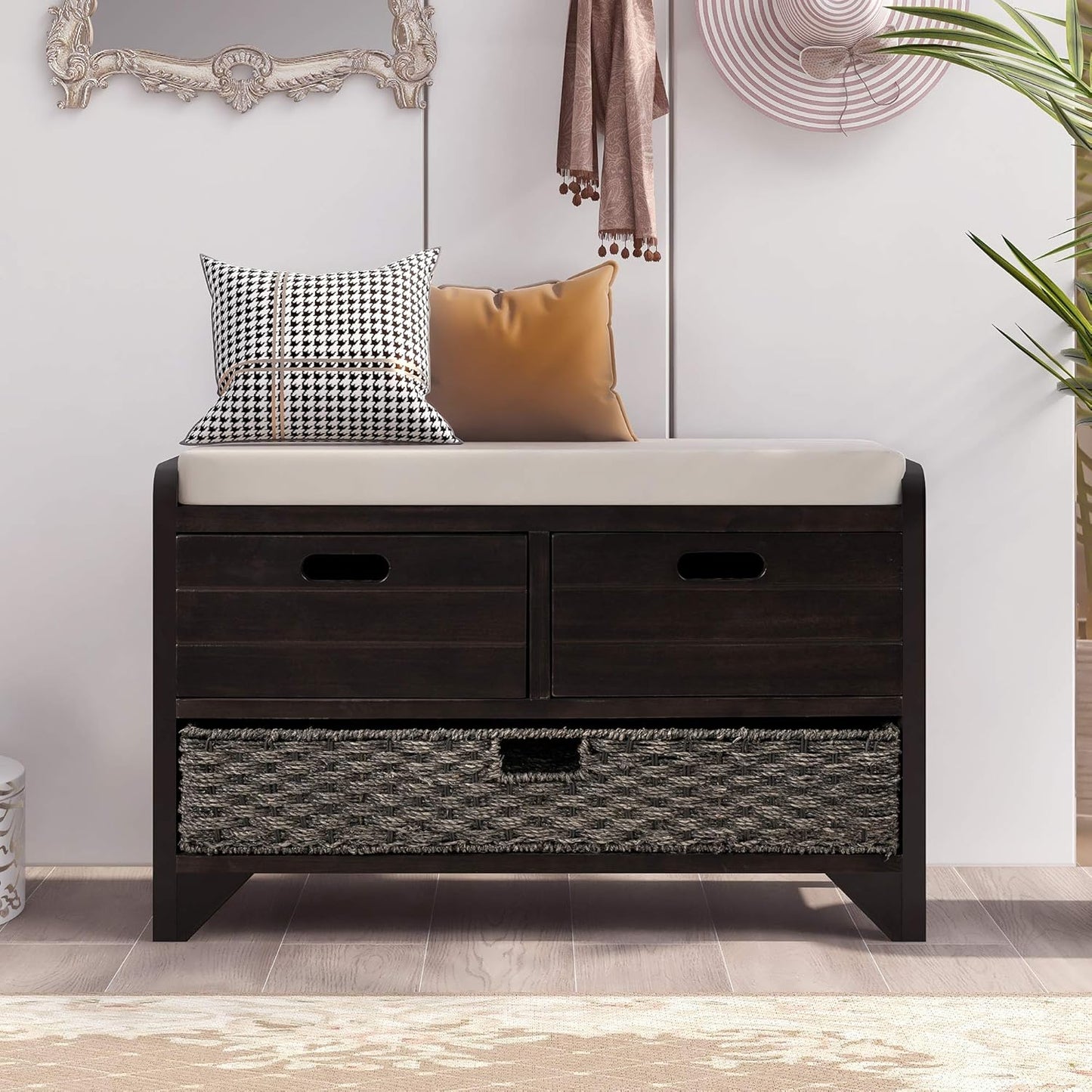 Storage Bench with Removable Basket 2 Drawers Fully Assembled Acacia Wood Shoe Bench Standing Shoe Rack Removable Cushion for Living Room, Entrance Hallway, No Assembly Required Espresso