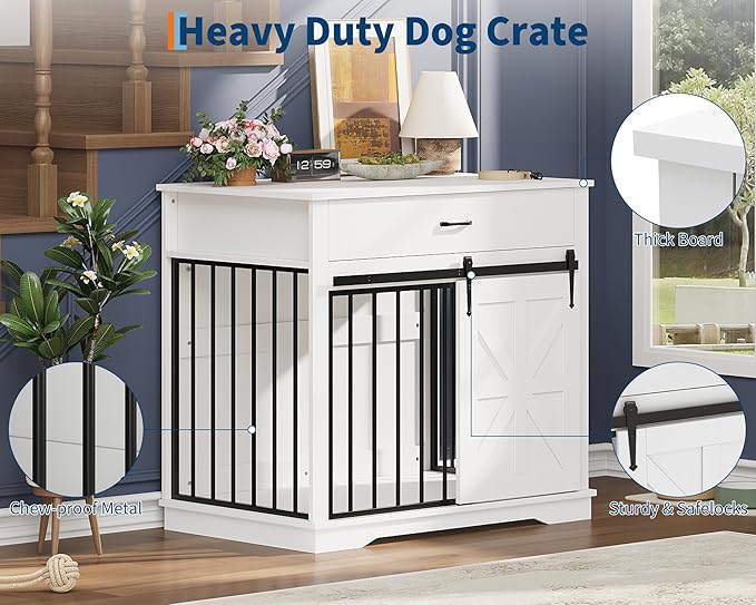 GarveeHome Dog Crate Furniture, 37.8" Large Dog Kennel Indoor, Wooden Kennel Table with Sliding Barn Door and Storage Drawer, Indoor Dog House for Large/Medium/Small Dogs