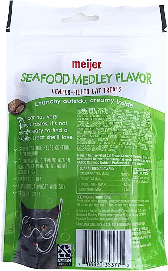 Meijer Center Filled Cat Treats Variety to Choose from 1-3 oz Bag Plus Cat Toy (Will Vary) (Seafood Medley)
