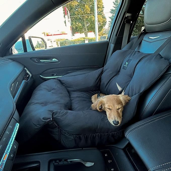 JACKO & CO Premium Dog Car Seat – Safe & Cozy Travel Bed Carrier for Small Dogs, Puppies, Pets, Clip-On Leash, Storage Pockets, Water-Resistant, Machine Wash (Black, Standard Small (1-25lbs))