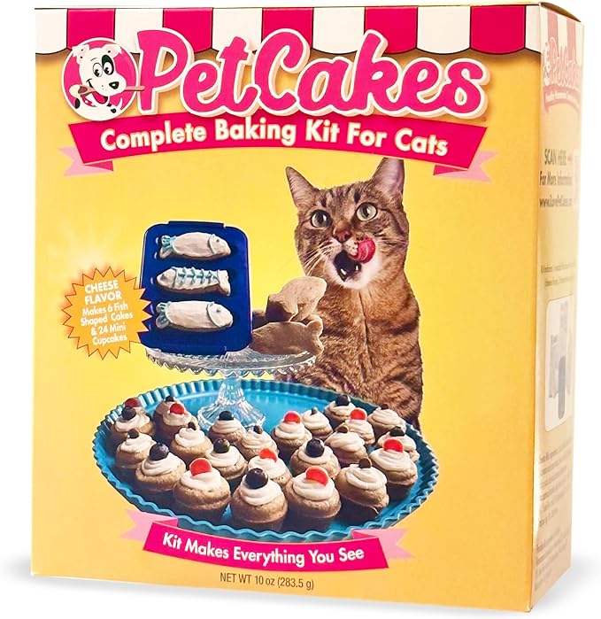 PetCakes Complete Baking Kit for Cats- Make Healthy Cakes, Cookies & Cupcakes - Includes a Reusable Fish Shaped Pan, 4 Cake Mixes (Cheese) & 2 Frosting Mixes (Yogurt) - Net Wt. 10oz