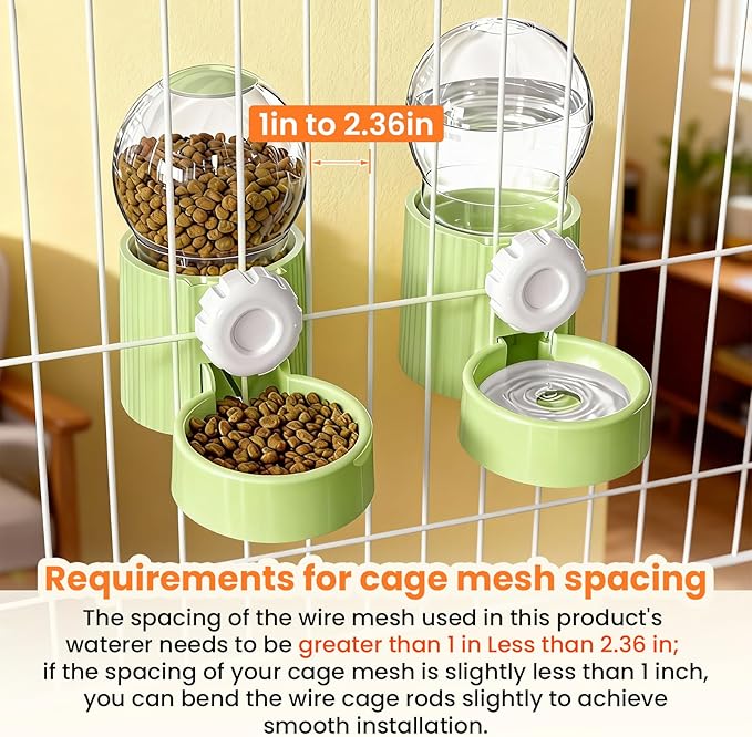 38oz Hanging Automatic Food Water Dispenser, Large Capacity Gravity Rabbit Water Dispenser and Feeder Set, for Bunny Guinea Pig Chinchilla Ferret Cage Accessories (Green)