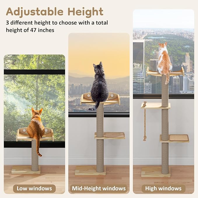 Yafylly Cat Window Perch with Scratching Post & Step, 47" Adjustable Window Perch for Large Cats, Cat Hammock for Window with Suction Cups, Multi-Level Cat Tree for Climbing, Sunbath, Bird Watching