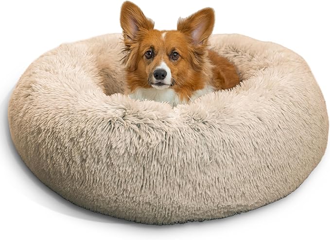 Best Friends by Sheri The Original Calming Donut Dog Bed for Medium Dogs up to 45 lbs, Shag Faux Fur, Taupe, Medium, 30" x 30"
