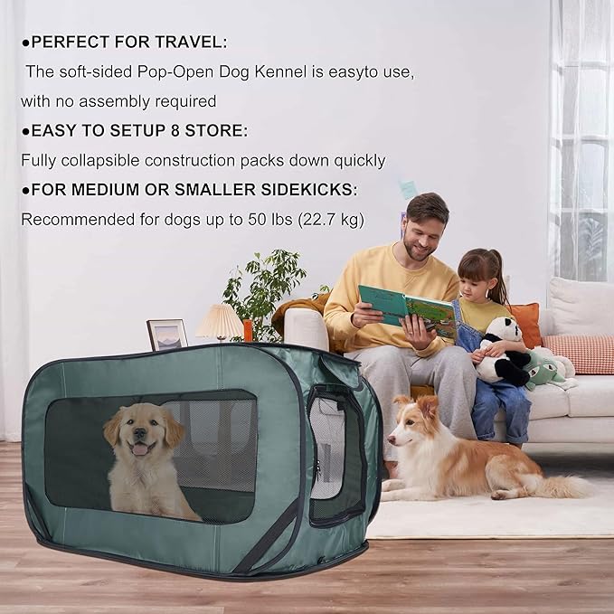 36 Inch Foldable Dog Kennel for Large Dogs, Portable Waterproof Pop-Up Pet Crate, Indoor Outdoor Travel Car Seat Kennel（Green）