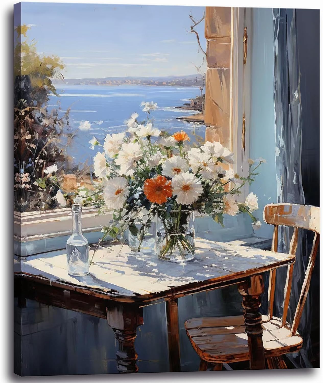 weiyiart Bathroom Decor Wall Art Coastal Floral Canvas Print Painting Daisy Flowers Sea Picture Farmhouse Ocean Seascape Artwork for Home Living Room Bedroom Office 16x24 inch