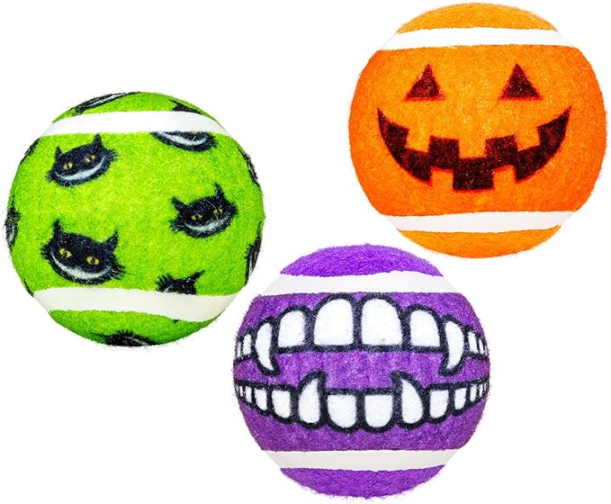 KONG Halloween Grinz Sport Balls for Dogs – Teethy Smiley Face Balls with Non-Abrasive Felt for Safe Fetch & Chase – Durable, Squeak-Free Halloween Toy Set (3 Pack)