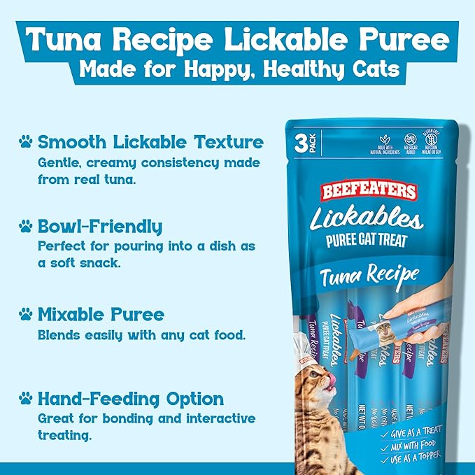 Beefeaters Tuna Pure Cat Treats 1.59oz (12 Pack) | Lickable Squeeze Tube Treats, Grain-Free, No Added Sugar, Real Tuna, Taurine-Enriched, Ideal for Bonding, Seniors, Toppers & Everyday Treating