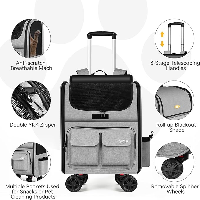 MGB Large Pet Carrier, Foldable Rolling Dog Carrier with Removable Wheels, Cat Rolling Bag 21.3"x15"x12.2" for 2 Cats & 1 Dog for Travel, Outdoor, Vet Visits, Camping, Indoor. Gray. (Not for Airline)