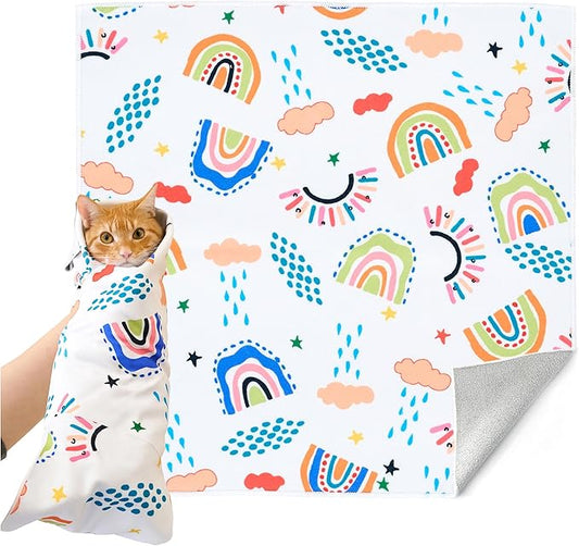 17.7'' Cat Grooming Wrap for Cutting Nails Self-Adhesive Soft Polyester Fabric Swaddle Wrap for Cats Anti-Scratch Anti-Escape Restraint for Nail Clipping Pet Cleaning and Beauty (Rainbow,M)