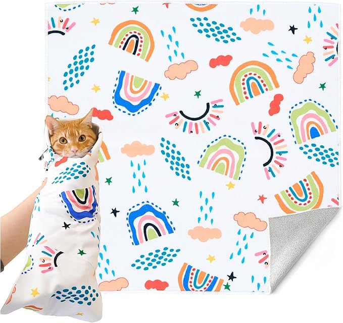 27.6'' Cat Grooming Wrap for Cutting Nails Self-Adhesive Soft Polyester Fabric Swaddle Wrap for Cats Anti-Scratch Anti-Escape Restraint for Nail Clipping Pet Cleaning and Beauty (Rainbow,XL)