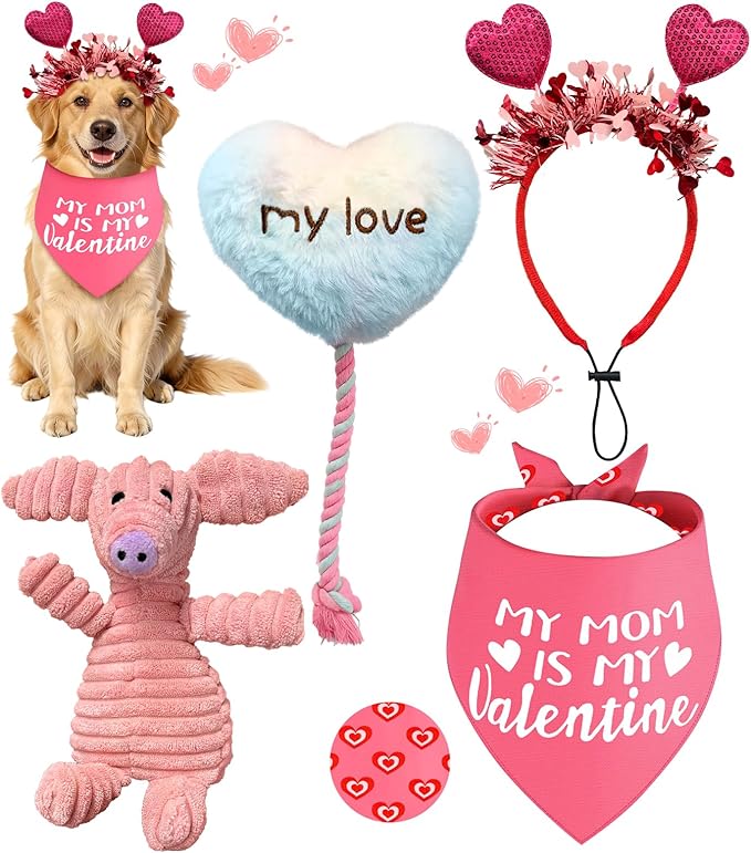 Swooflia 4 Pcs Pink Valentines Dog Toys - Cute Plush Squeaky Dog Toys, Cat Dog Scarf Headband for Puppy Pet to Keep Them Busy (Not for Big & Aggressive Chewer)