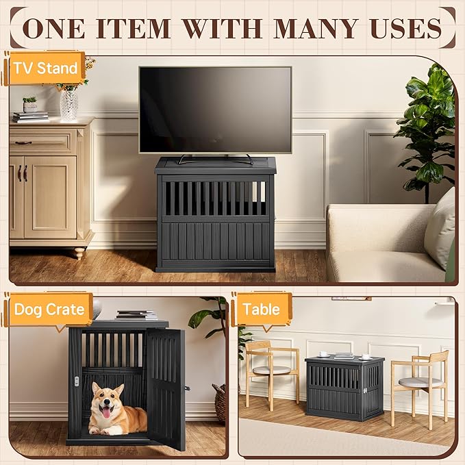 Fancyango Dog Crate Furniture End Table - Decorative Corner Dog House Table for Small to Medium Dogs, Indoor Plastic Dog Crate with Lockable Latch (Black1, 29.5" L x 21" W x 25.2" H)