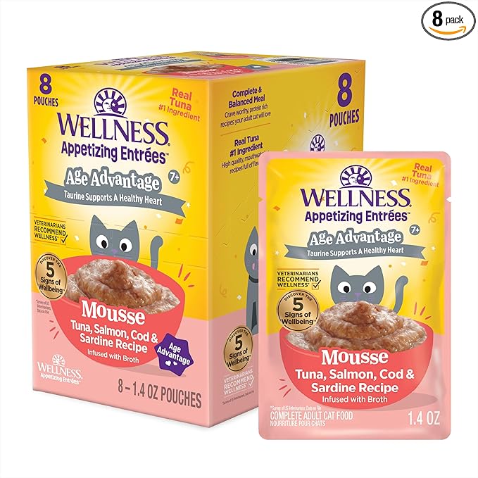 Wellness Appetizing Entrées Age Advantage Mousse Senior Wet Cat Food, Natural, Protein Rich, Grain Free, Tuna, Salmon, Cod, and Sardine Recipe, 1.4 oz, Pack of 8 Pouches