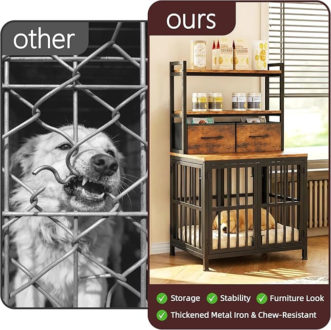 HIGDBFE Dog Crate Furniture with Drawer & Shelf, 25.5" Small Dog Crate with Lockable Doors, Indoor Dog Kennel Furniture for Medium, Small Dogs, Anti-Chew Dog Cage with Storage, Rustic Brown, 43.7" H