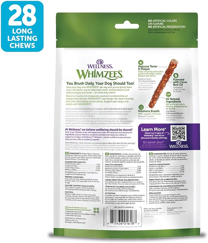 Wellness WHIMZEES Veggie Sausage Dog Dental Treat, Chews, Freshens Breath, Small Size, 14.81 oz Bag, 28 Count
