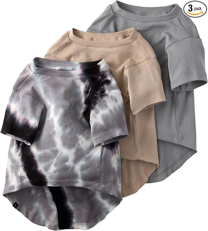 Pet Passion Toby II - The Perfect Tee, 3 Pack Short Sleeve Pet T-Shirt 100% Organic Cotton Tees Clothes for Small, Medium, Large Dogs, Black Sand Tie Dye, Small (10-25 lbs)
