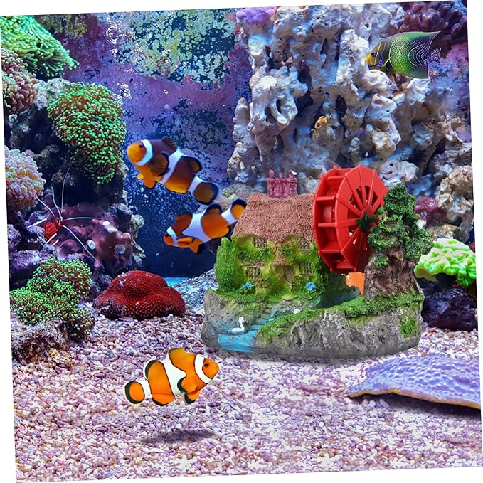 Aquarium Landscape Stone House with Water Wheel Model Unique Fish Tank Decoration for Goldfish and Aquatic Pets Decor for Aquarium Environments
