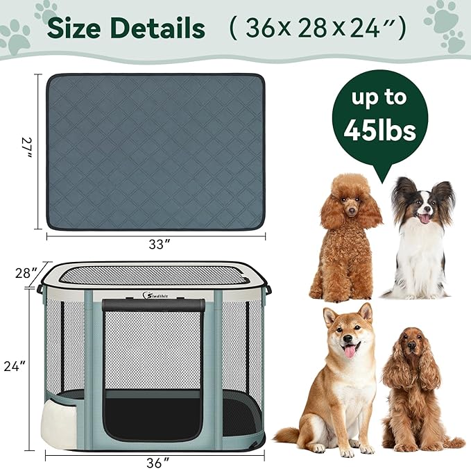 Siedihit Dog Cat Playpen Crate with Washable Pee Pad, Reinforced Durable Dog Cage, Portable Foldable Pet Kennel with Breathable Visibility (Grey with Pad, Large)