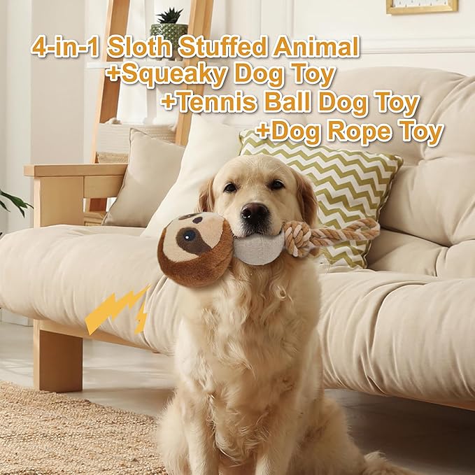 Sloth Plush Squeaky Dog Toy with Tennis Ball and Rope Puppy Teething Chew Toy Cute Fun Durable Multi-Functional Interactive Tug of War Dog Toy for Small Medium Large Dogs Toy Gift 26cm/10.24in