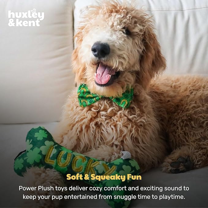 Huxley & Kent Funny Dog Toy w/Squeaker – St. Patrick's Day Power Plush Squeaky Dog Toys for Small, Medium & Large Dogs – Soft Stuffed Animal for Indoor Play & Fetch - Lucky Charm Bone, Small