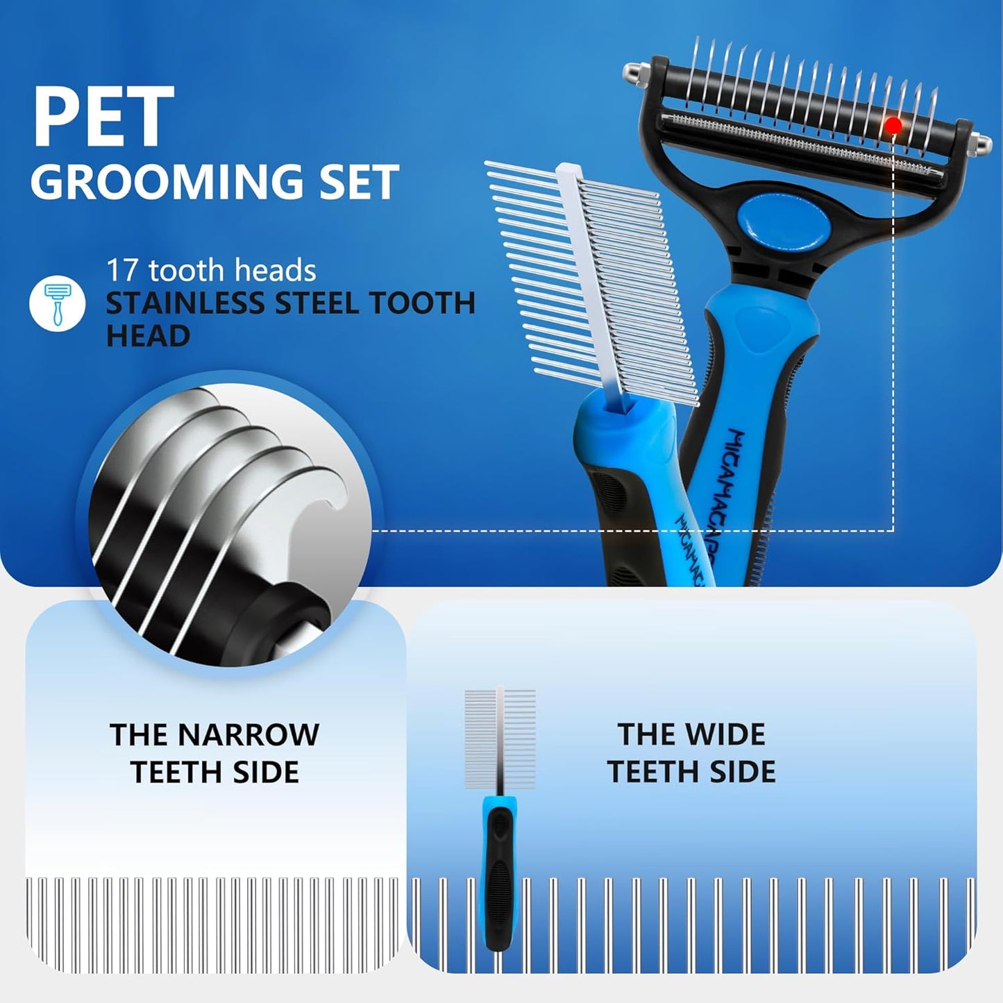 2-in-1 Shedding Brush and Detangling Comb Combo,Small Dog Stripping Brush, Dog and Cat Grooming Comb, 17 Stainless Steel Teeth Remove Tangled Hair, Pet Grooming Tools-Small