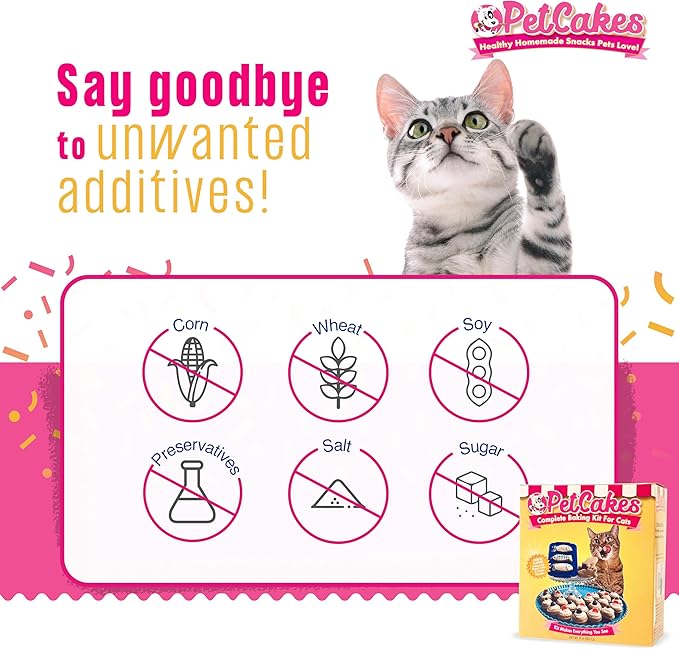 PetCakes Complete Baking Kit for Cats- Make Healthy Cakes, Cookies & Cupcakes - Includes a Reusable Fish Shaped Pan, 4 Cake Mixes (Cheese) & 2 Frosting Mixes (Yogurt) - Net Wt. 10oz
