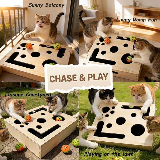 2026 Upgrade Nail File Stress Free Alternative ，Wood Cats Scratch Puzzle Enrichment Box with Bell Ball & Sandpaper Inside，Stress-Free Alternative to Claw Clippers & Grinders (with Sandpaper)