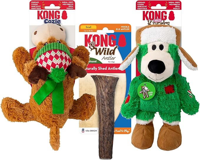 KONG Holiday Dog Toy Christmas Combo Pack – Wild Knots Bear, Whole Antler Chew, Cozie Reindeer (Small/Medium)