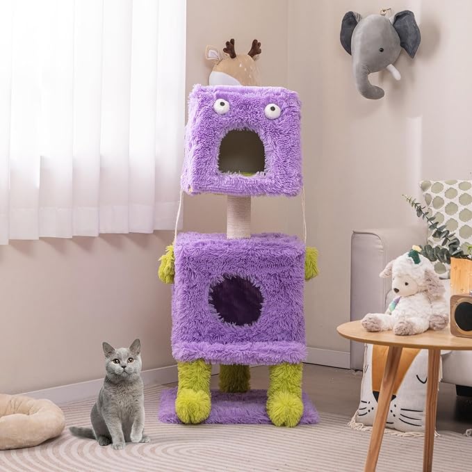 PETSITE 44 inch Monster-Themed Cute Cat Tree, Modern Cat Tree Tower with 2 Cat Condos, Sisal Scratching Post and Hanging Sound-Making Toys for Indoor Cats