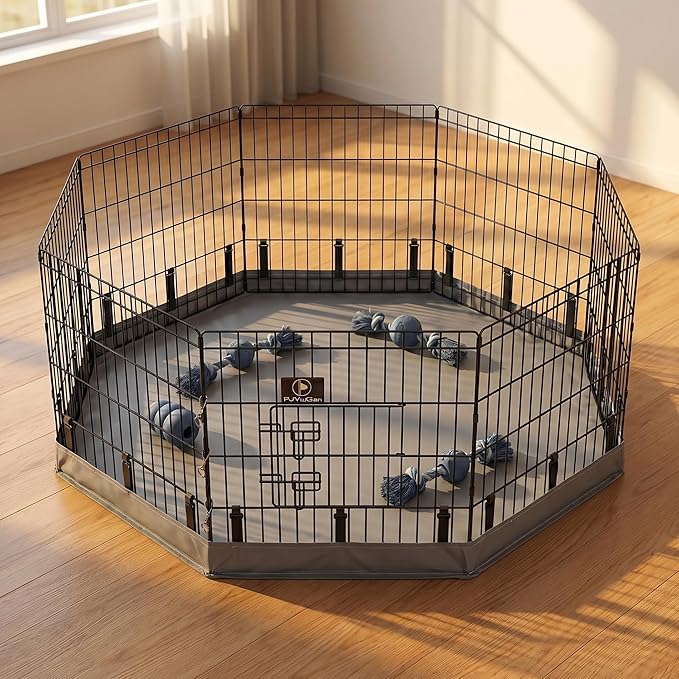 PJYuCien Dog Playpen with Bottom Pad - Metal Foldable Exercise Pen, 8 Panels 24" H x 24" W Indoor Outdoor Pet Fence Puppy Crate Kennel, Gray