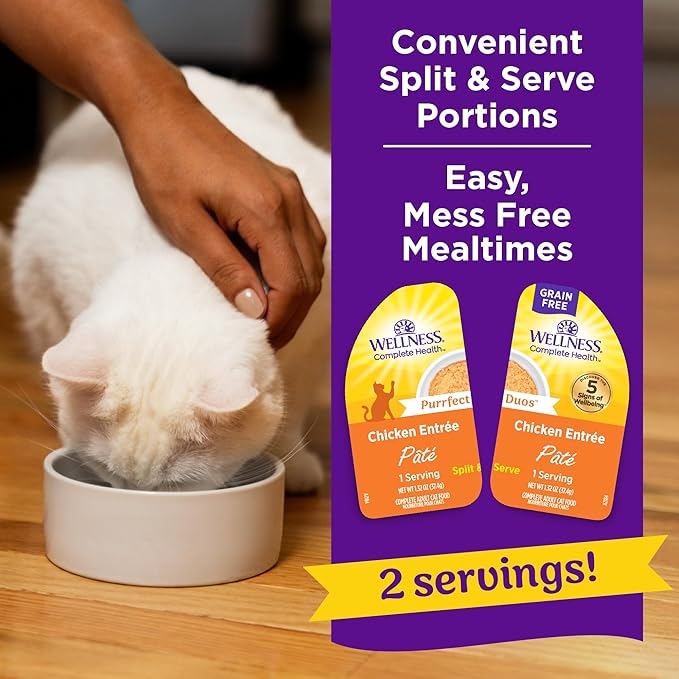 Wellness Complete Health Purrfect Duos Pate Adult Wet Cat Food, Natural, Protein Rich, Grain Free, Chicken Entrée Recipe, 2.64 oz, Pack of 12 Split Cups