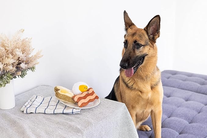 Pearhead Breakfast Dog Toy Set – 3-Piece Bunch Food Theme (Egg, Toast & Bacon) with Squeaker & Crinkle Paper – Interactive Pet Toy for Puppies & Dogs, Stocking Stuffer Ideas