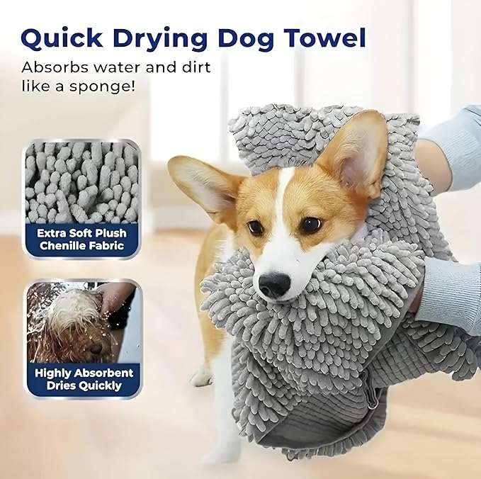 Super Absorbent Dog Drying Towel - 24.4''x10'' Chenille Microfiber Pet Bath Towel with Dual Hand Pockets, Quick Dry Soft Grooming Towel for Small Medium Large Dogs and Cats, Machine Washable (Gray)