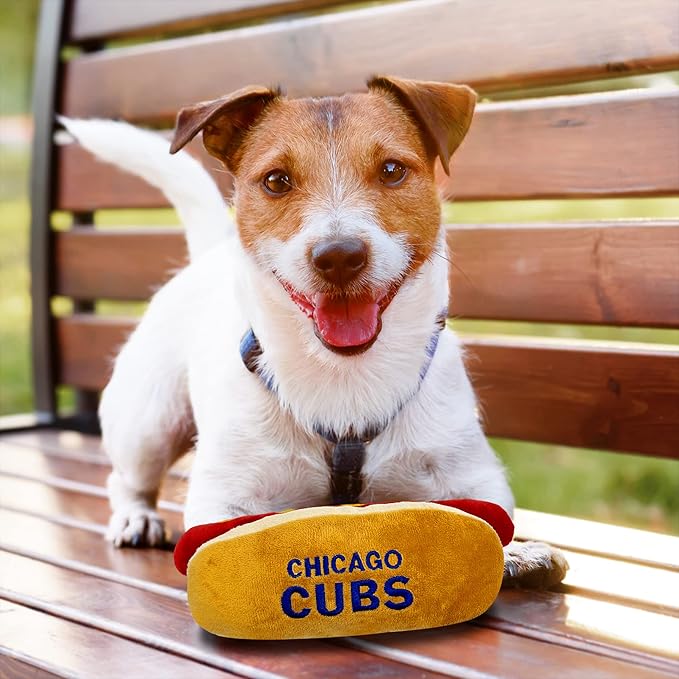 MLB Chicago Cubs Plush Dog Toys - Stadium Theme Snacks - Cutest Plush HOT-Dog Toy for Dogs & Cats with Inner Squeaker & Premium Embroidery of Baseball Team Name/Logo