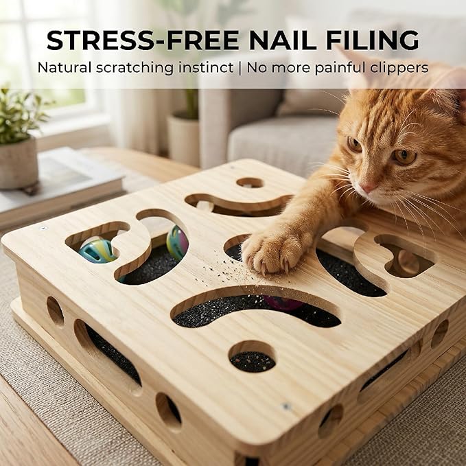 EIODEAR Cat Nail File Scratcher with 3 Sandpaper Pads, 4 Bell Balls, 8 Screw, Solid Wood Cat Scratch Puzzle Enrichment Box Nail Filer Box Toy to File Nails, Cat Treat Box for Treat-Motivated Cats